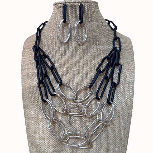 Chico's Layered Silver & Black Oval Link Necklace Earring Set, Statement, Biker - Picture 1 of 9